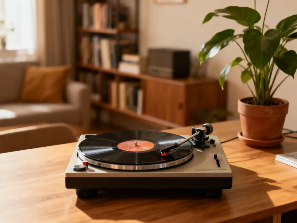 Gramofon w stylu vintage na drewnianym biurku, nawiązujący do estetyki pokolenia baby boomers.