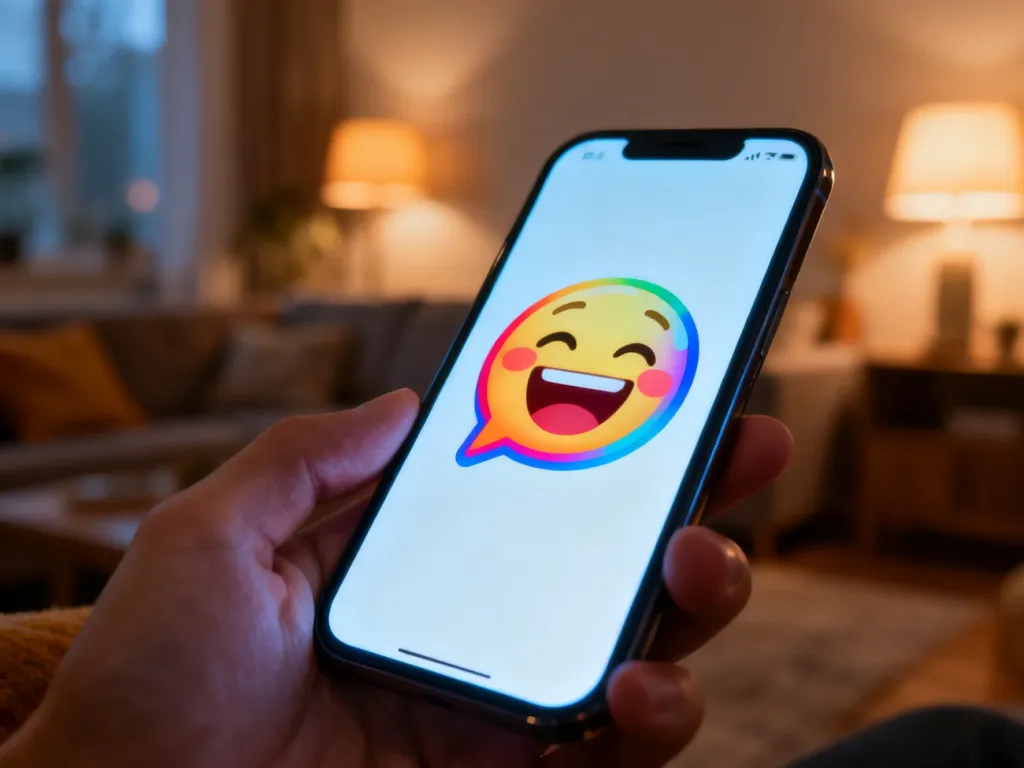 Ekran smartfona z wyświetloną emotikoną śmiechu w dymku czatu, symbolizujący użycie zwrotu „lmao” w komunikacji.
