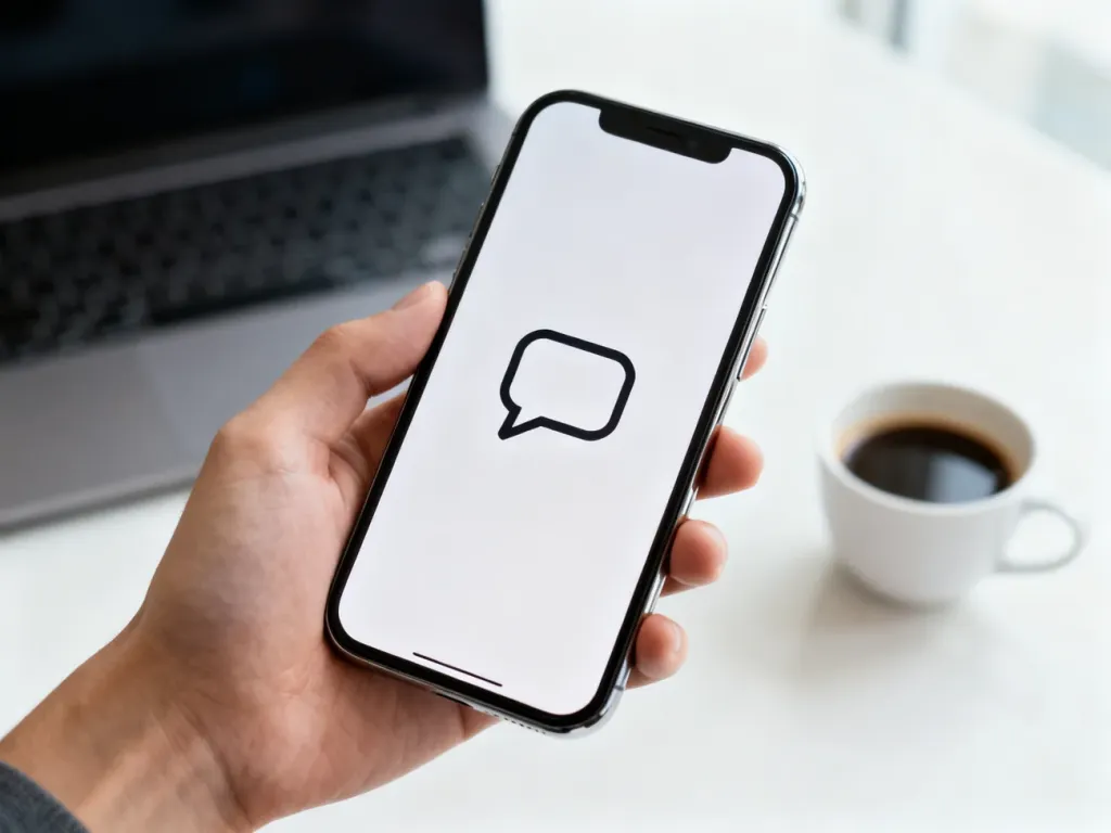 Smartfon z ikoną dymka czatu w biurowym otoczeniu, symbolizujący komunikację w mediach społecznościowych.
