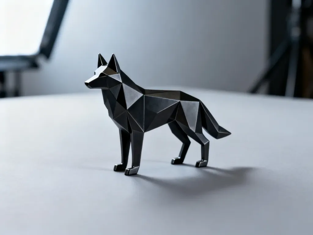 Minimalistyczna figurka wilka z czarnego metalu, symbolizująca niezależność i pewność siebie w kontekście slangu sigma.