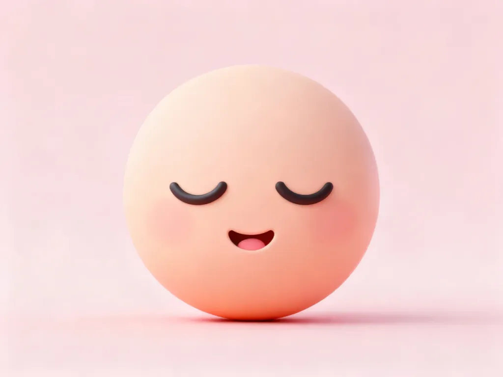 Minimalistyczna, pastelowa grafika przedstawiająca emotikon „uwu” z zamkniętymi, szczęśliwymi oczami na różowym tle.