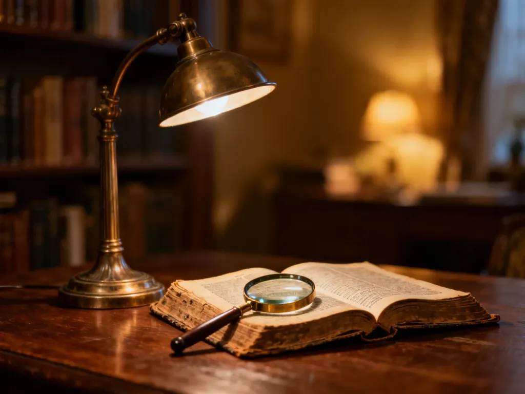 Stara lampa biurkowa oświetla otwarty słownik i lupę, symbolizując proces poszukiwania znaczeń słów w domowej bibliotece.