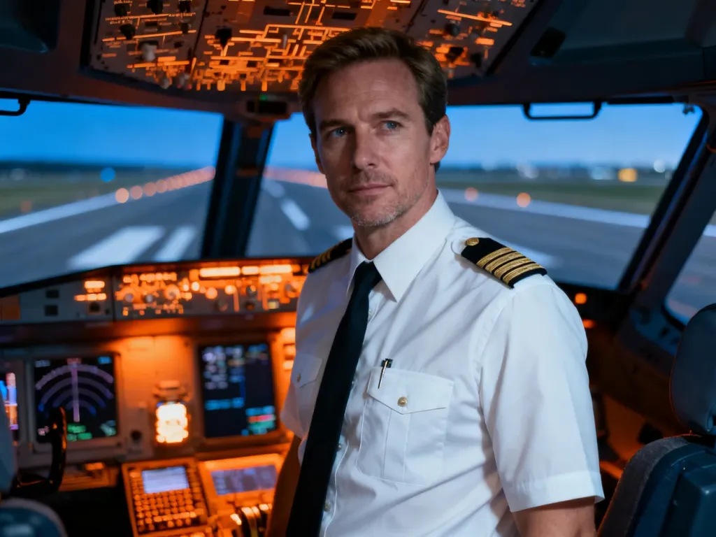 Pilot w profesjonalnym mundurze wewnątrz nowoczesnego symulatora lotów, przygotowujący się do szkolenia lotniczego.