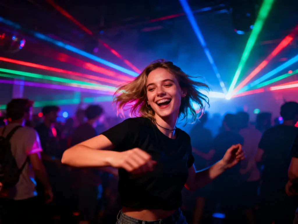 Młoda kobieta tańcząca w klubie w otoczeniu kolorowych świateł laserowych i dymu podczas imprezy rave.