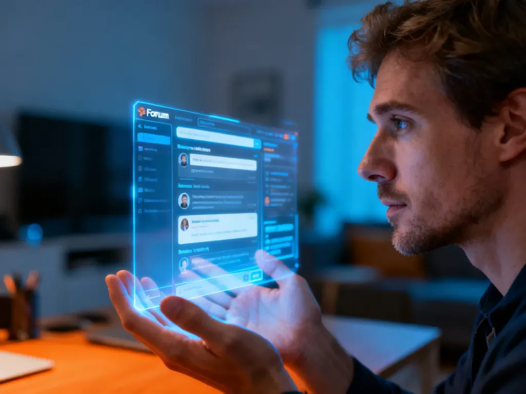 Mężczyzna zamyślony nad hologramem interfejsu forum, symbolizujący interakcje w sieci i kulturę internetową.
