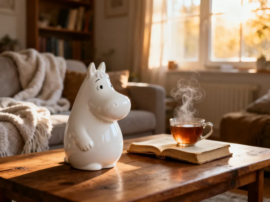 Figurka Muminka na drewnianym stoliku obok herbaty i książki, budująca przytulny, skandynawski klimat wnętrza.