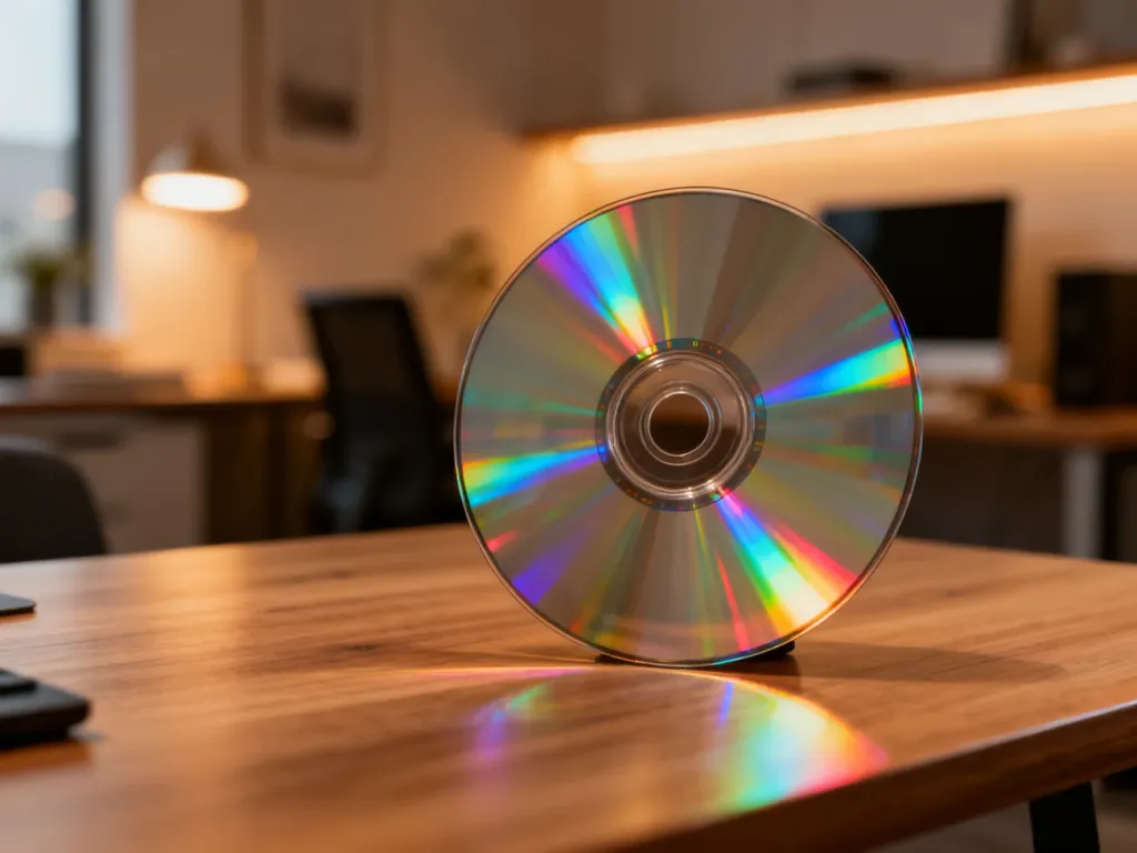 Błyszcząca płyta CD z kolorowymi refleksami światła leżąca na drewnianym biurku w nowoczesnym biurze.